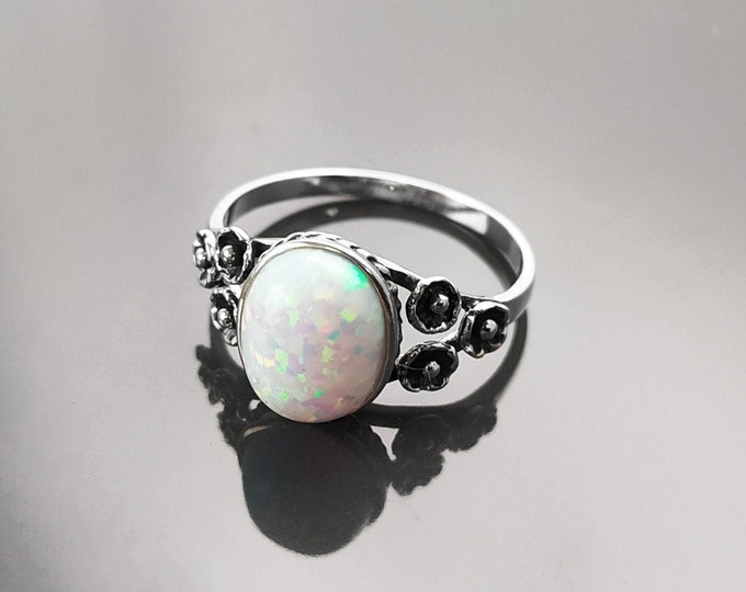 Fire Opal Ring, Sterling Silver, Fiery Opal Stone Jewelry, White Oval Rainbow Stone Ring, October Birthstone Ring, Vintage Flower Ring