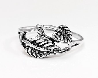 Bague feuille, argent massif, bague feuilles de plante, anneau avec feuilles nervures