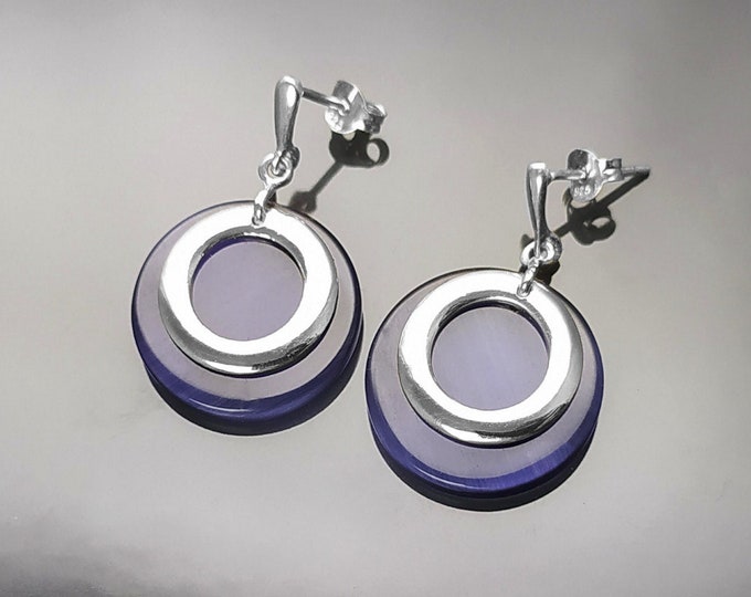 Purple round earrings, sterling silver, simulated cat's eye stone discs, modern dangle geometric earrings, minimalist women jewelry