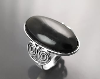Black Statement Ring, Sterling Silver, Black Onyx Stone, Vintage Lace Design, Victorian Jewelry, Long Oval gemstone