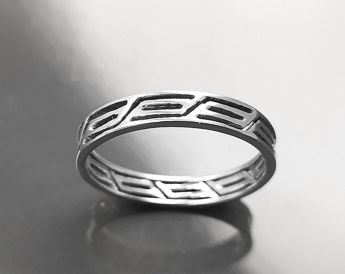 Openwork Band Ring, Sterling Silver, Unisex Modern Ring, Open Lace, Contemporary Greek Key Frieze, Women Men gift