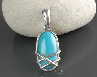 Pendentif argent turquoise, pendentif argent 925, pierre turquoise de forme ovale, design filigrane  moderne, bijou minimaliste en turquoise