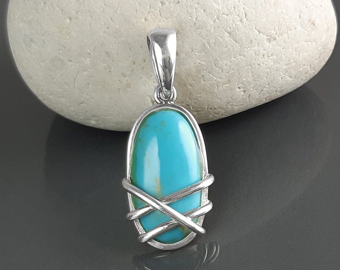 Turquoise Necklace, Oval Pendant, Sterling Silver, Blue Turquoise Stone Jewelry, Filigree Design, Modern Minimalist jewelry