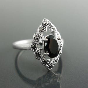Anillo de marcasita negra, plata de ley, anillo vintage de marquesa, imitación de diamante negro de laboratorio (CZ), joyería retro con piedras preciosas, regalos antiguos para mujer.