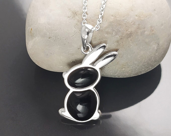 Black Stone Rabbit Pendant, Sterling Silver, adorable whimsical bunny for animal lovers, minimalist necklace everyday wear, ONYX Gemstone