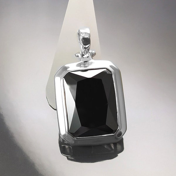 Grand Pendentif Noir - Argent Massif 925 - Pendentif Rectangle - Serti clos - Couleur Diamant Noir - Zirconia Noir - Pendentif Joaillerie