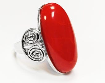 Bague Argent 925 Rouge POP, Pierre Corail Synthétique, Bijoux Rouge Vif, Bijoux qui Attire le Regard. Bague Rouge Impressionnante.
