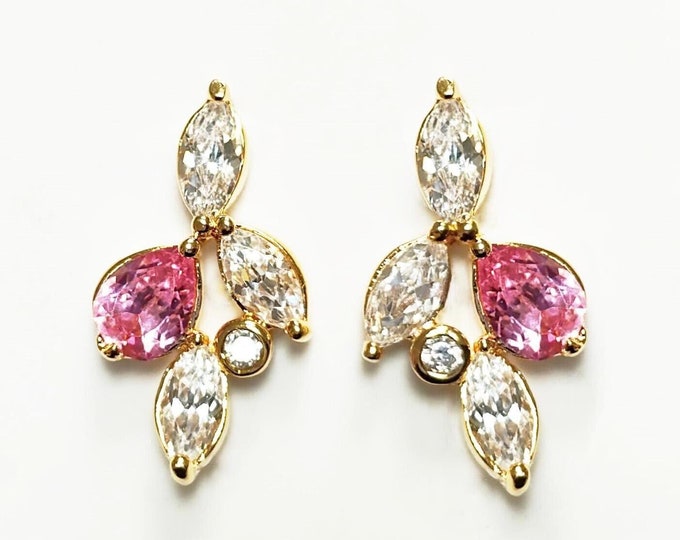 Romantic Pink & Clear Stones Earrings • Gold-Plated 18K • Statement Floral Design for Weddings or Gift for Her • Bridal or Evening Jewelry