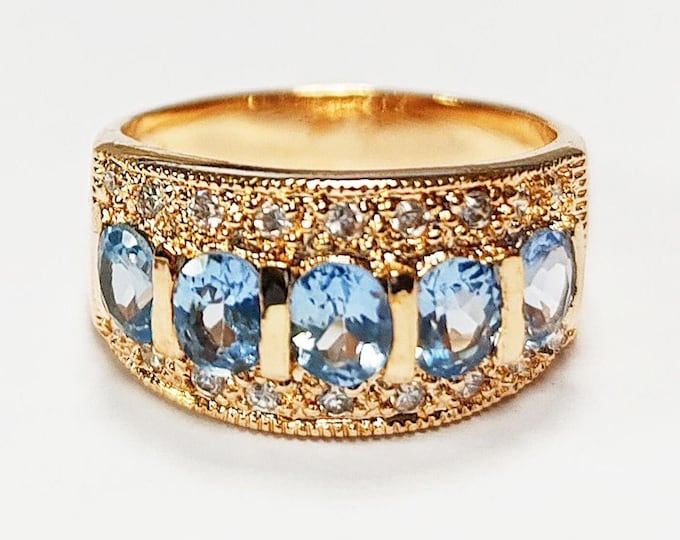 Blue CZ Stones 18K Gold-Plated, Aquamarine Gold Band Ring, Elegant March Birthstone Jewelry, Cocktail Ring, Gift for Her, Vintage Ring
