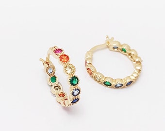 Rainbow Hoop Earrings • 18K Gold Plated • Multicolored Hoops
