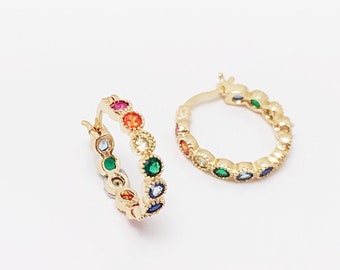 Small Hoops Earrings 15mm, Mix Color Earrings Golden 18K genuine gold plated, set with sparkling cubic zirconia Rainbow Colors Cz stones