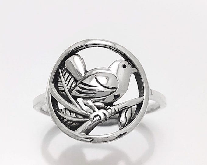 Nightingale Ring, sterling silver, landed sparrow chickadee flying titmouse pigeon, Bird, nature jewelry, fowl, garden Birdie, birds lover