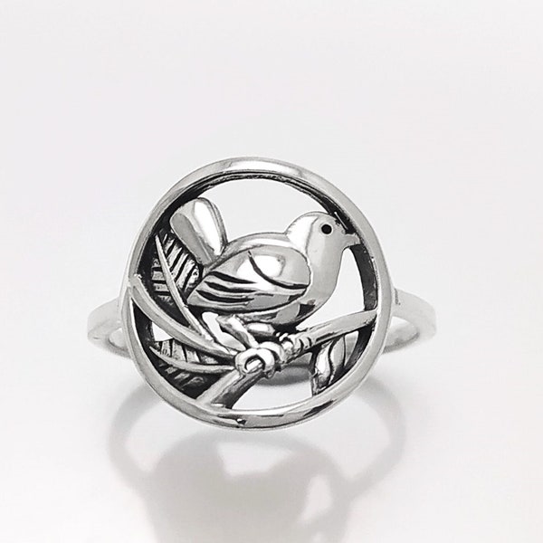 Nightingale Ring, sterling silver, landed sparrow chickadee flying titmouse pigeon, Bird, nature jewelry, fowl, garden Birdie, birds lover