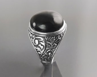 Detailed Men Ring Vintage Handmade Men Jewelery 925K Silver Anniversary Valentine Day Gifts Ornate Rectangle Black Onyx Gemstone Ring
