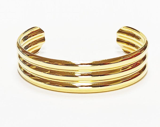 Triple Row Gold Cuff • 18K Gold Filled • Modern Stacked Three Rows Band Lines Open Bangle • Statement Minimalist Jewelry • Gift for Women