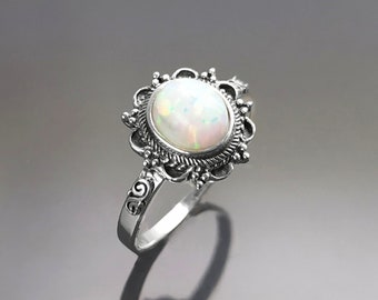 Opal Dainty Ring, Sterling Silver, Fiery White Opal Gemstone Jewelry, Oval Opal Stone Jewelry, Woman Boho Tribal Vintage Style Gift