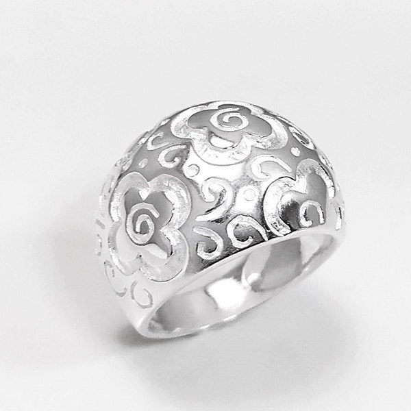 Bague Large Fleurs - argent 925, motif floral naturel gravé - grand Anneau large bombée de fleurs, style bohème hipster