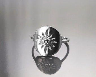 Boho Sun Ring, Sterling Silver, day star, Black Cz Stone, Celestial luminary body symbol, Solar energy protection amulet, summer jewelry