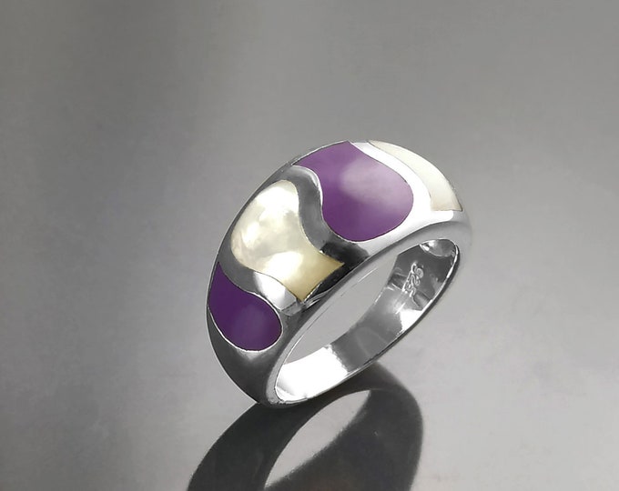 Purple Ring, Silver Ring, Purple stone and White Mother of Pearl Shell, Alternate Bi-color Stones Band Ring, Violet Gift