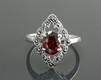 Bague Grenat Marcassite , Argent 925, Bague Ovale Antique Pierre Zirconia Couleur Grenat Rouge, Bijoux Vintage, Cadeaux pour Femmes