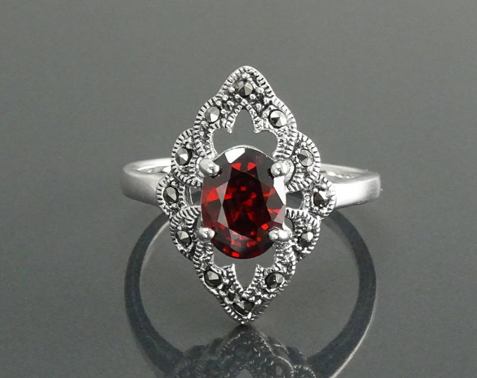 Garnet Marcasite Ring, Sterling Silver, Vintage Marquise Ring, Lab Red Garnet Simulant, Retro Red Stone Rings, Women's Gifts