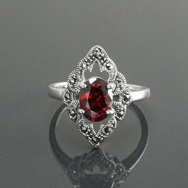 Garnet Marcasite Ring, Sterling Silver, Vintage Marquise Ring, Lab Red Garnet Simulant, Retro Red Stone Rings, Women's Gifts