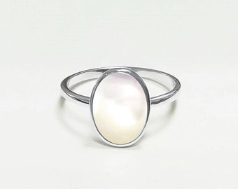 Flat Oval Ring, Sterling Silver Genuine Mother of Pearl Gemstone with Rainbow reflection, Small Everyday jewelry, Modern Minimalist Style