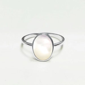 Flat Oval Ring, Sterling Silver Genuine Mother of Pearl Gemstone with Rainbow reflection, Small Everyday jewelry, Modern Minimalist Style