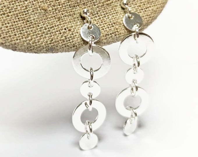 Disc Round Earrings, Sterling Silver, Discs Flat Disks Jewelry, Dangle Circle Shape earrings, Drop Geometric Earrings