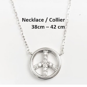 Collier Peace & Love, argent 925, chaîne pendentif symbole signe d'amour et de paix, bijoux Boho Hipster icone des 70's, pierres zirconia image 1