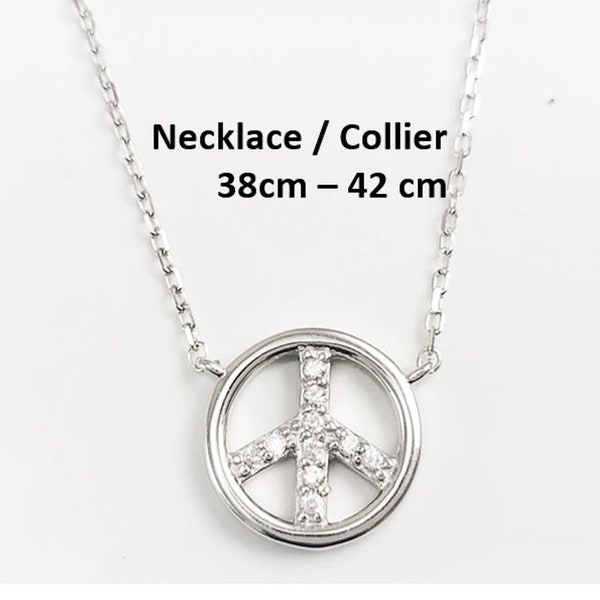 Collier Peace & Love, argent 925, chaîne pendentif symbole signe d'amour et de paix, bijoux Boho Hipster icone des 70's, pierres zirconia