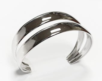 Jonc deux rangs • Acier inoxydable • Bracelet manchette ouvert à double rangées superposées • Bijou minimaliste moderne • Cadeau pour femme