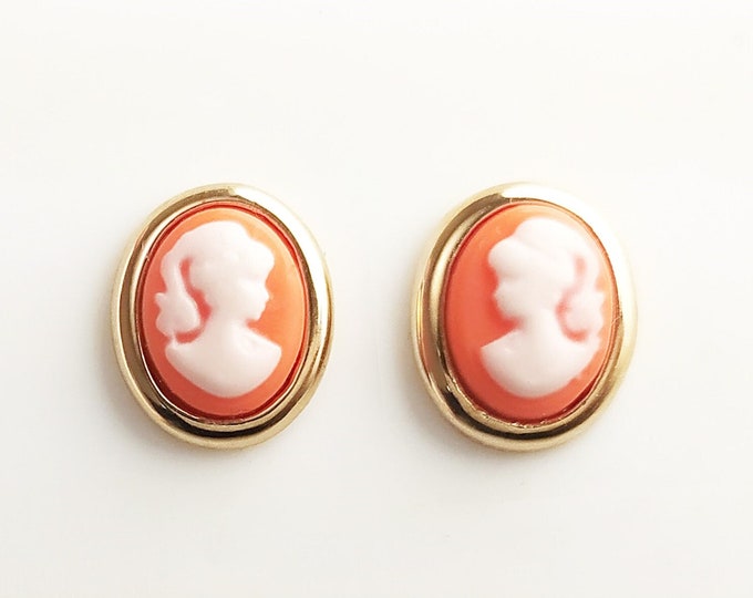 Cameo Earrings - Plated Gold Red and white Resin stone Cameo - Vintage Victorian Jewelry - Pending Lever Back Hook Earrings System