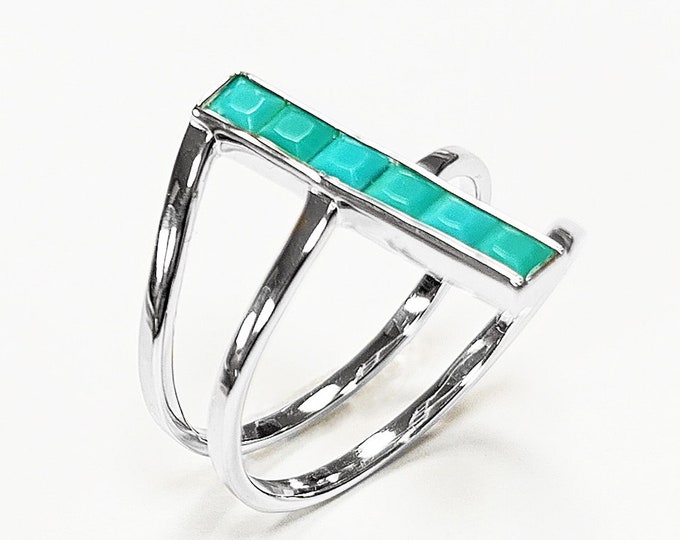 Turquoise Bypass Ring, Sterling Silver, Enhanced Blue Turquoise Stones Jewelry, Sleek Inlay Modern Turquoise Band, Minimalist Flat Stone
