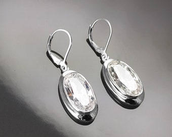 Dangle Earrings, sterling silver jewelry, big Clear cz stone, white diamond color, statement Oval Lever back Hook Earrings, women gift