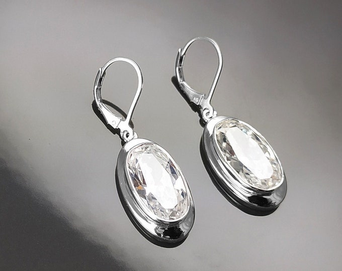 Dangle Earrings, sterling silver jewelry, big Clear cz stone, white diamond color, statement Oval Lever back Hook Earrings, women gift