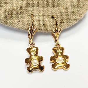 Teddy Bear Earrings by KRAMIKE • Gold-Plated Lever Back with Pearl • Fun and Stylish Jewelry • Unique Gift Idea for Girls or Women • KE034