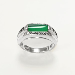 Bague Vintage Art Déco Vert Argent 925 - Bijou style Chevalière Pierre Verte - Jolie Pierre Agate Verte Rectangulaire - Cadeau élégant