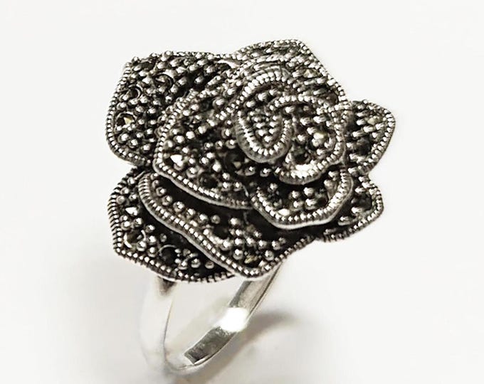 Vintage Rose Ring Sterling Silver, Marcasite Jewelry, Vintage Romantic Rose Flower Blossom, Bold Antique Design Ring, Amazing Rose Ring 925