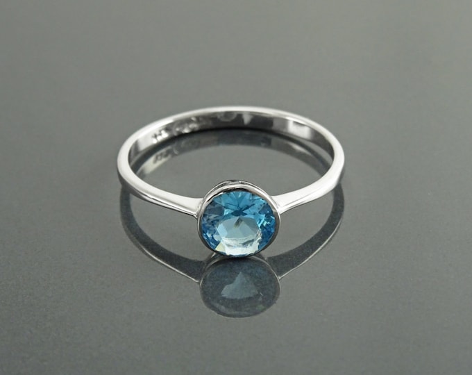 Blue Solitaire Ring, Sterling Silver, Round Stone Closed Bezel Setting Ring, Blue Stone (CZ), Easy to Wear Stones Jewelry Solitaire