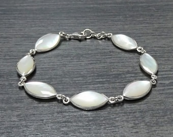 White Oval Bracelet, Sterling Silver, Genuine Mother of Pearl Shell, White Stones Bracelet