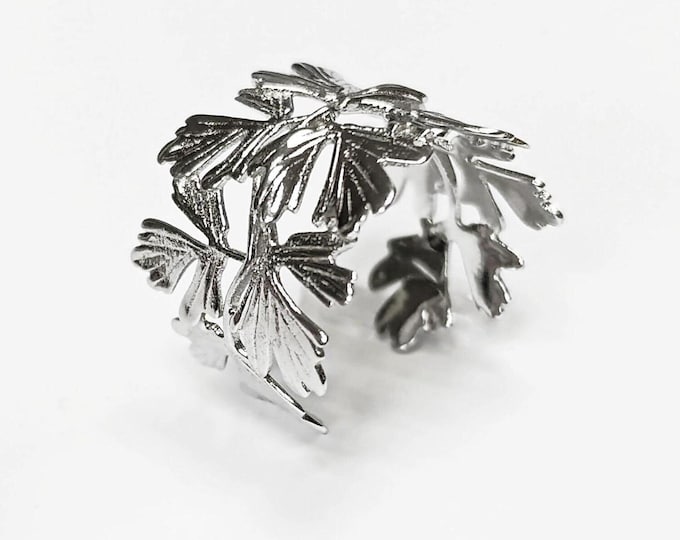 Ginkgo Leaf Ring, Sterling Leaf Ring, Skeleton Leaf Veins Ring, Vine Branch Ring, Open Wrap Around Ring, Ring, Cuff ring, Nature Jewelry
