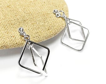 Boucles Argent 925 Carré Double • Bijou d'oreilles géométriques modernes • Créoles minimalistes contemporaines Pendantes, Cadeau Tendance