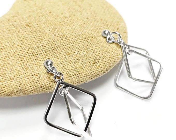 925 Double Square Earrings•  Sterling Silver • Modern Geometric Jewelry • Everyday Contemporary Minimalist Style Dangle , Gift for Her