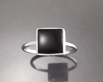 Black Onyx Ring, Stacking Ring - Sterling Ring - Square Ring - Minimalist Ring - Affordable Ring - Black Stone Ring - Dainty Silver Ring.