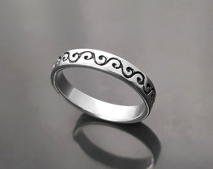 Surfer Wave Ring, Sterling Silver, Casual Beach Band, Carved Waves Pattern, Dainty Surfer Ring, Unique Ocean Jewelry, Hawaii Tribal Jewelry