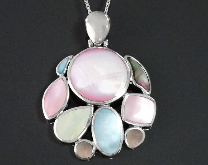 Oval Shell Necklace, Sterling Silver, Multicolored Stones Geometric Boho Necklace, GENUINE Mother of Pearl Pendant, Original Design Jewelry
