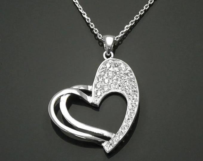 Engagement gift, Sterling Silver, Clear White Stone Cz, Modern Graphic Design Jewelry, Double Hearts Charm, Love Heart, Gift