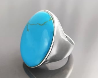 Anello moderno blu turchese, argento, pietra piatta turchese, anello originale rettangolo forma ovale, gioielli unici impostazione designer