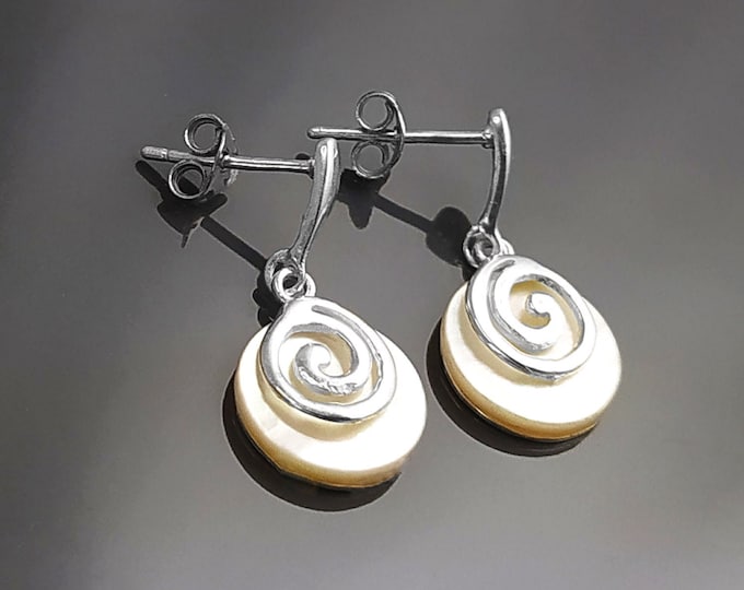 White round earrings, Sterling Silver, Genuine Mother of Pearl Shell Stone, Spiral Design Dangle Earrings, Modern Swirl Design Jewelry